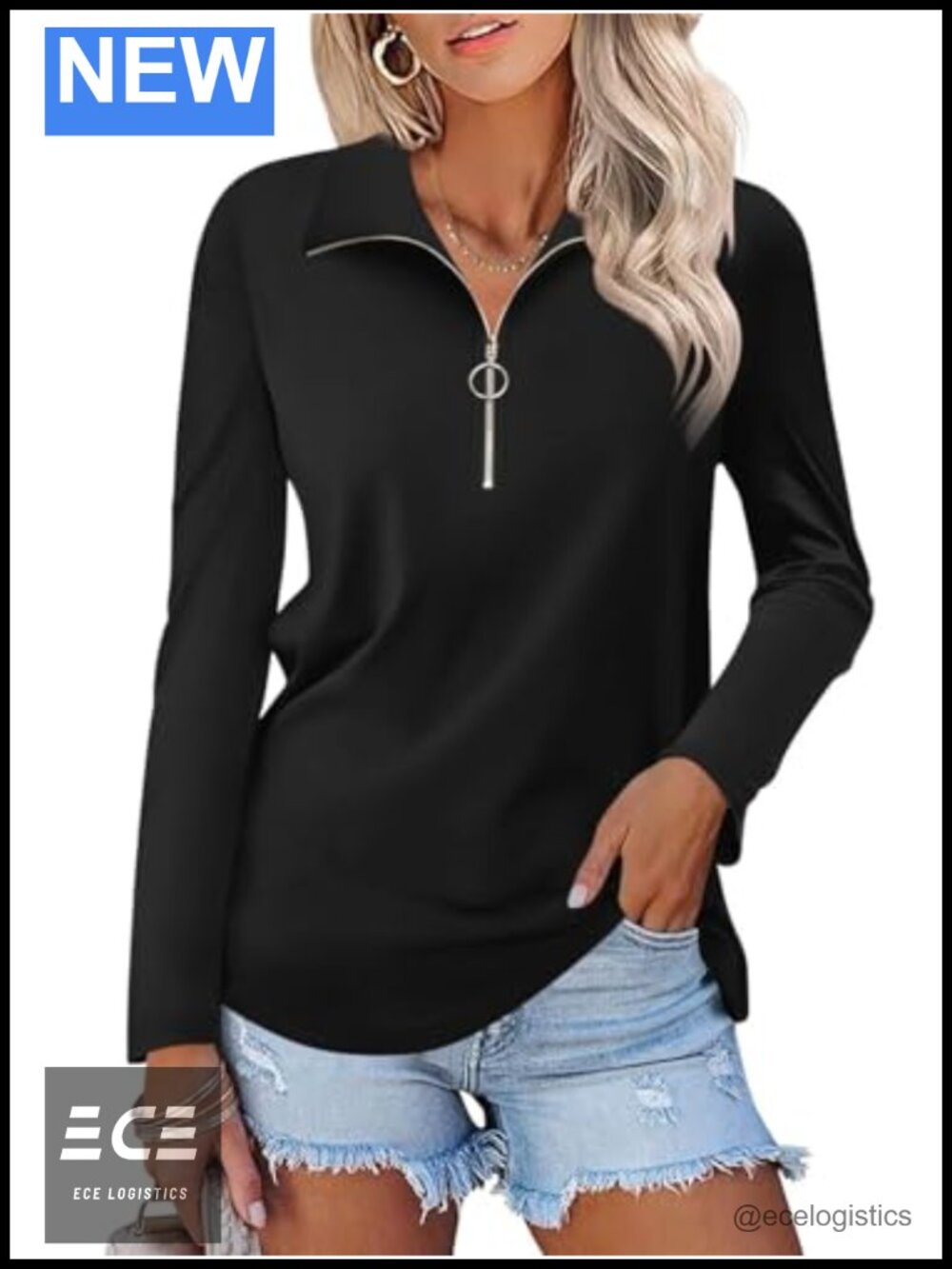 Women's Quarter Zip Polo Shirt Long Sleeve Collared V Neck Casual Top